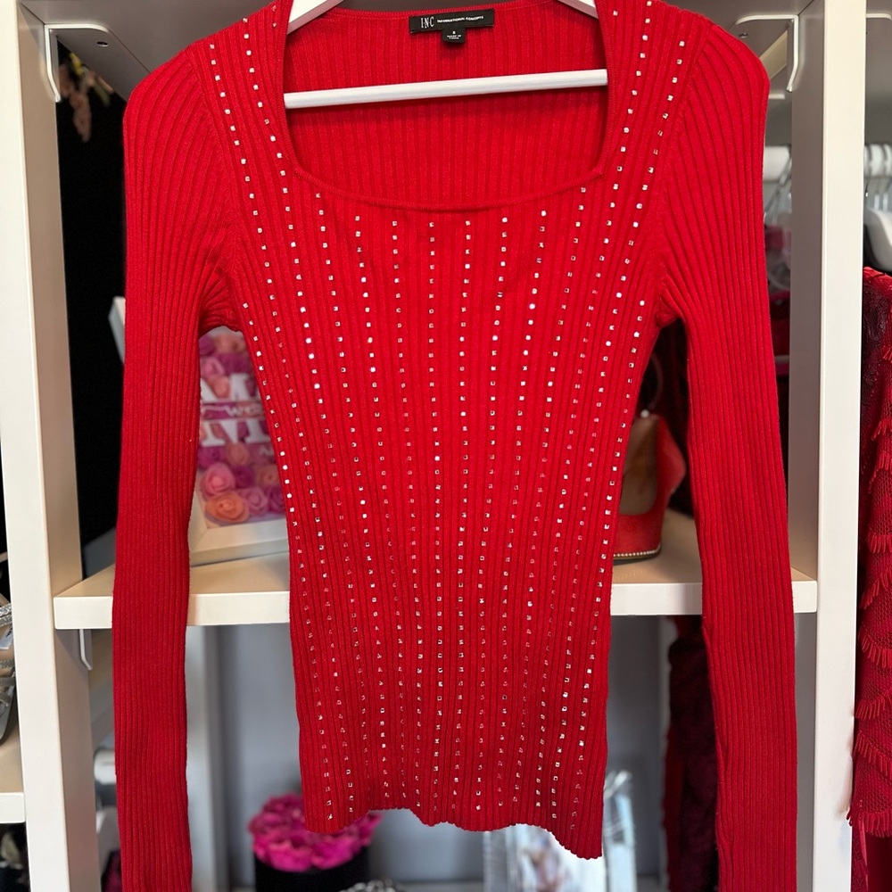 INC Red Sweater with Studded Accents